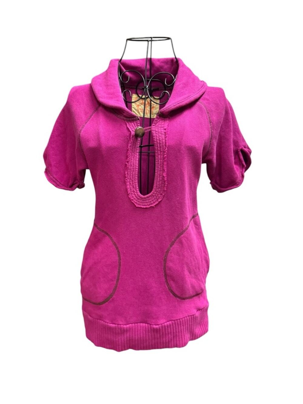 Vintage 90s Free People Hot Pink Knit Hooded Sweater Tunic Medium